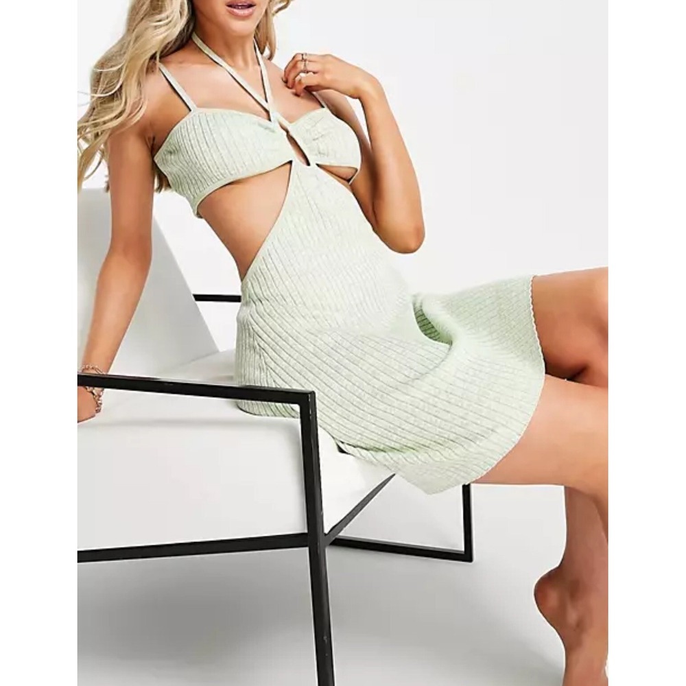 4th & Reckless Sicily Cut Out Halter Knitted Mini Dress Mint Green Women XL
